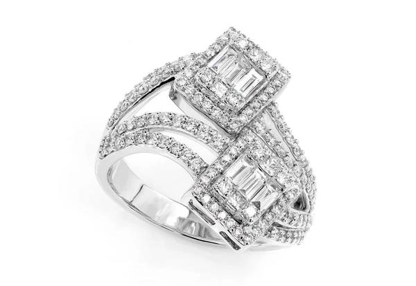 Double Baguette Square Halo Diamond Engagement Ring 14k Solid Gold - All Natural - 1.10ctw