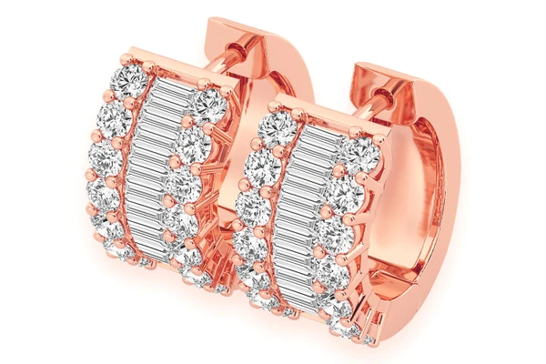 Baguette & Round Hoop Diamond Earrings 14k Solid Gold 2.00ctw