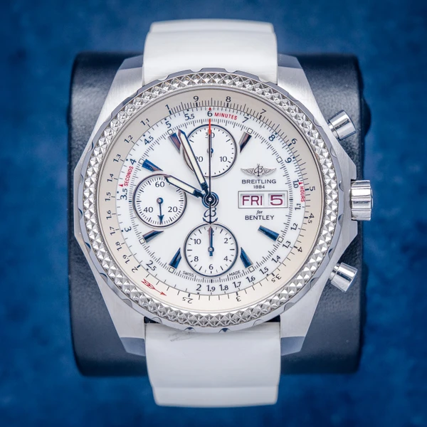 Breitling Bentley 44MM (a13363) White Rubber Strap - Deployant Buckle - Watch & Cosc Paper