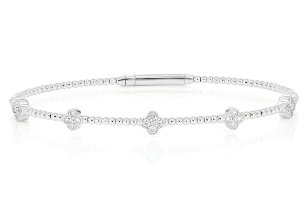 Beaded And Diamond Clover Milgrain Flex Bangle Bracelet 0.33ctw 14k Solid Gold 