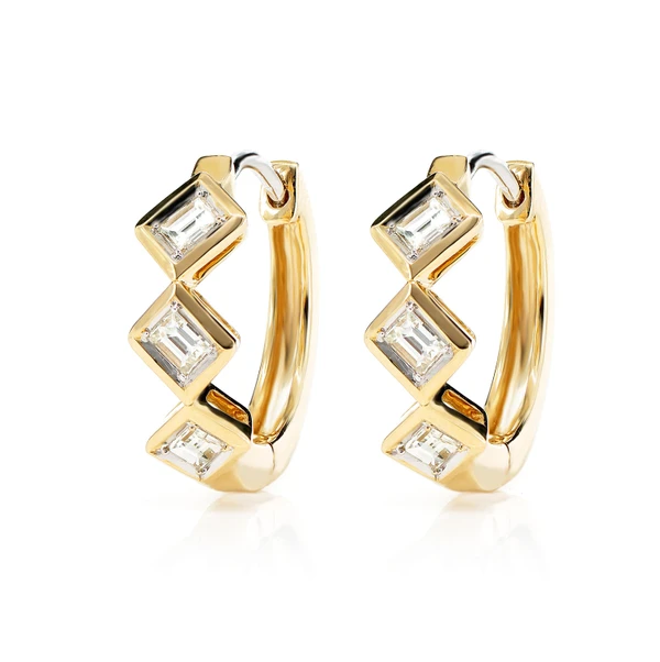 Alternating Baguette Diamond Hoop Earrings 14k Solid Gold 0.40ctw