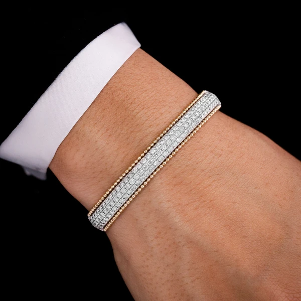 Beaded Border Diamond Bangle 14k Solid Gold & Platinum 2.50ctw