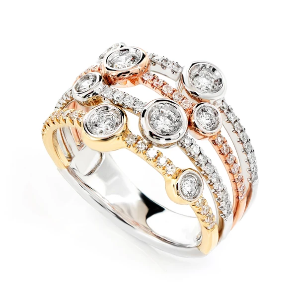 Four Row Tri Color Bezel Diamond Ring 14k Solid Gold 0.45ctw