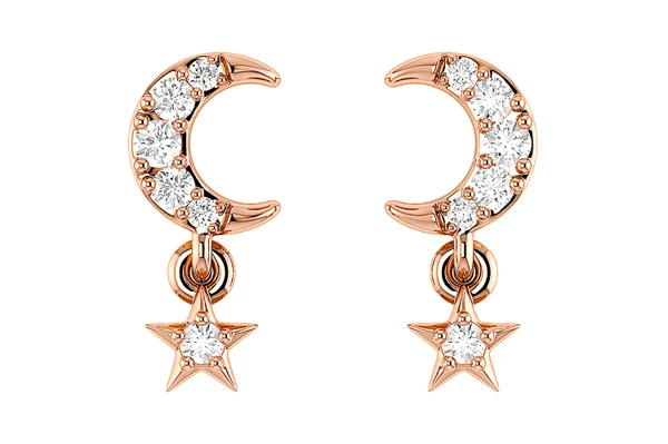 Moon And Star Dangling Diamond Earrings 14k Solid Gold 0.05ctw