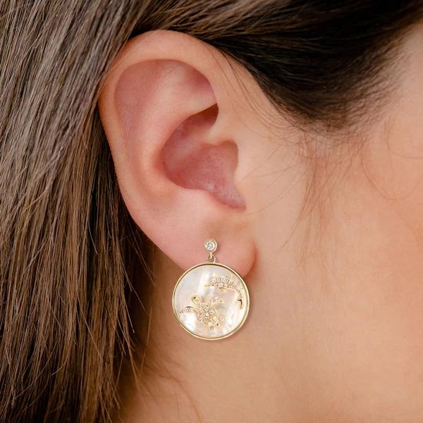 Mother Of Pearl And Diamond Sea Turtle Dolphin Earrings 14k Solid Gold 5.40ctw