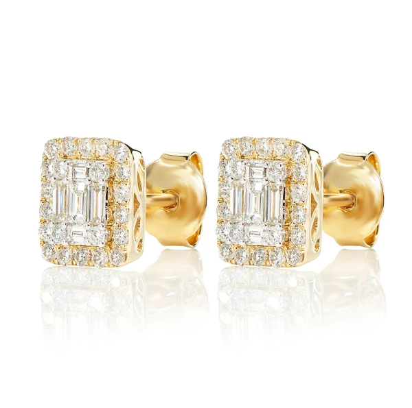 Halo Diamond Baguette Stud Earrings 14k Solid Gold 0.70ctw