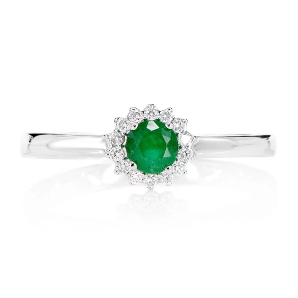 Round Emerald And Diamond Halo Ring 14k Solid Gold 0.33ctw