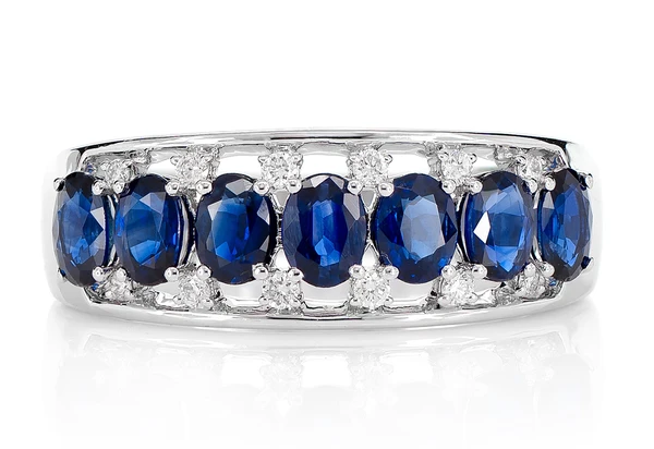 Sapphire & Diamond Open Band Ring 14k Solid Gold 1.50ctw