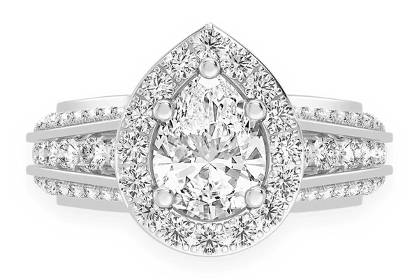 Monst - 1.00ct Pear Solitaire - Three Row Graduated Split Halo - Diamond Engagement Ring - All Natural Diamonds