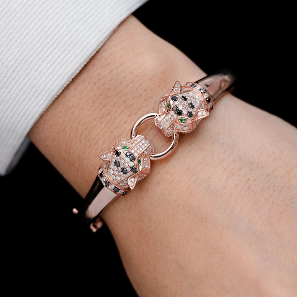 Dual Headed Leopard Diamond Cuff Bracelet 14k Solid Gold 0.80ctw