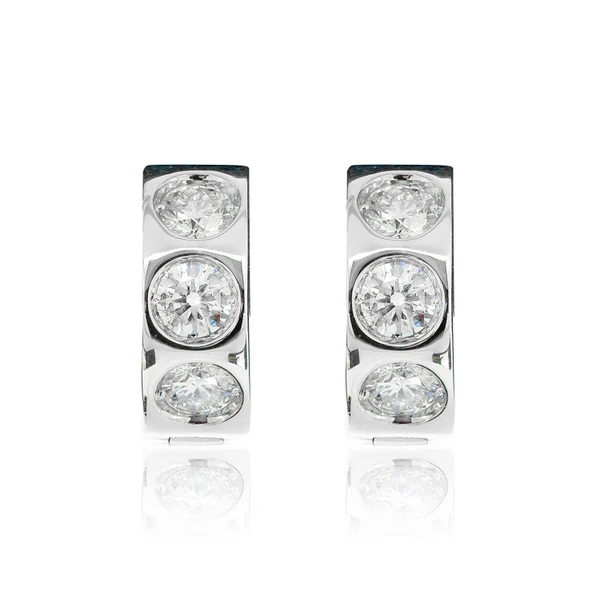 Three Stone Diamond Bezel Set Huggie Earrings 14k Solid Gold 0.95ctw