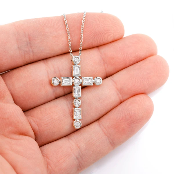 Baguette And Round Diamond Cross Pendant Necklace Attached14k Solid Gold 0.75ctw