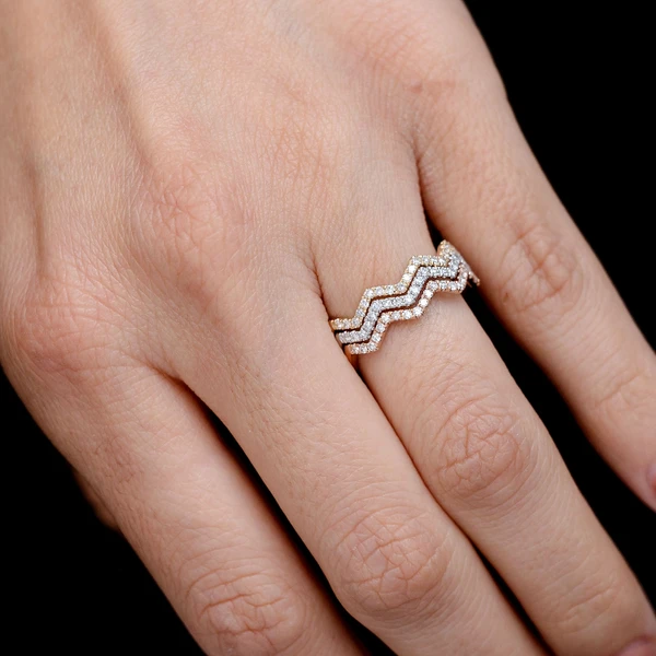 Three Row Zig Zag Wavy Tri-Tone Diamond Band Ring 14k Solid Gold 0.45ctw