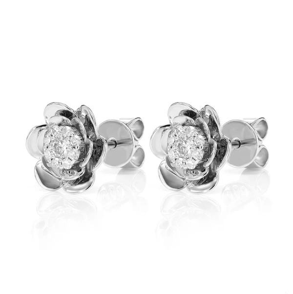 Bloomed Flower Diamond Cluster Stud Earrings 14k Solid Gold 0.15ctw