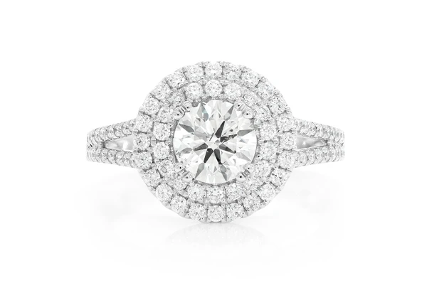 1.50ct Round Solitaire - Double Halo Split Shank - Diamond Engagement Ring - All Natural
