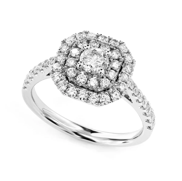Geometric Double Halo Split Shank Diamond Ring 14k Solid Gold 0.95ctw