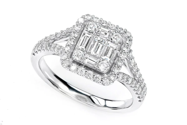 Mosaic Baguette And Round Diamond Engagement Ring 1.00ctw - All Natural Diamonds - 14k Solid Gold