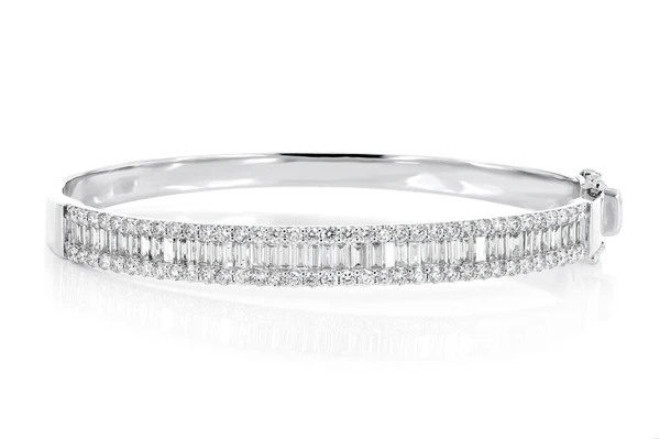 Baguette And Round Diamond Border Bangle Bracelet 14k Solid Gold 3.50ctw