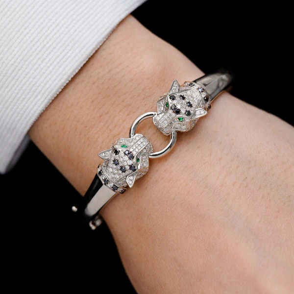 Dual Headed Leopard Diamond Cuff Bracelet 14k Solid Gold 0.80ctw