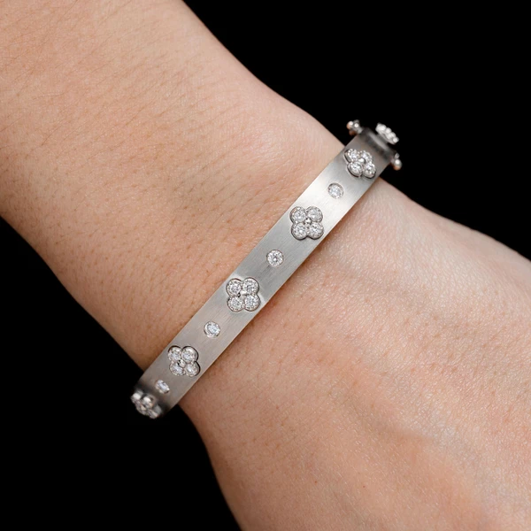 Diamond Milgrain Clover Satin Bangle Bracelet 14k Solid Gold 0.80ctw