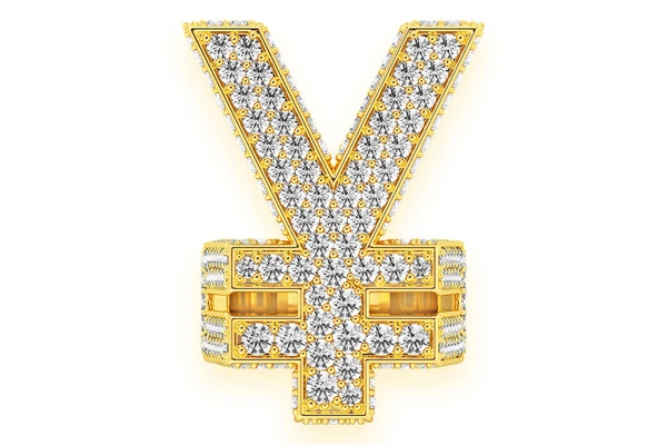 Yen Symbol Signet Diamond Ring 14k Solid Gold 8.50ctw