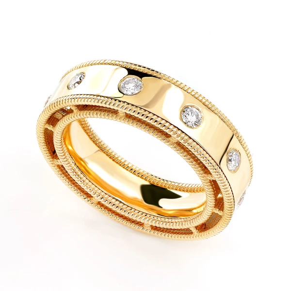Border Detail Gypsy Set Diamond Band Ring 14k Solid Gold 0.45ctw