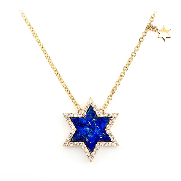 Lapis Star Of David Diamond Pendant Necklace Attached 14k Solid Gold 0.24ctw