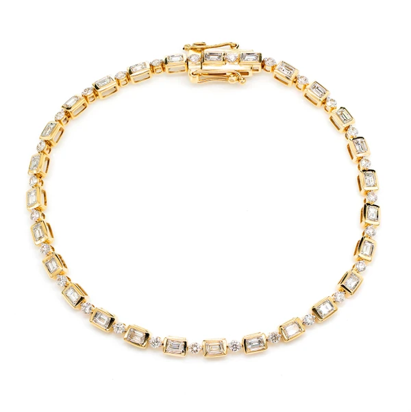 Diamond Baguette And Round Bezel Alternating Link Bracelet 14k Solid Gold 1.20ctw
