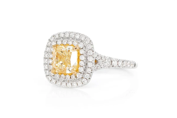 1.50ct Cushion Fancy Yellow Diamond Double Halo Diamond Ring 14k Solid Gold 