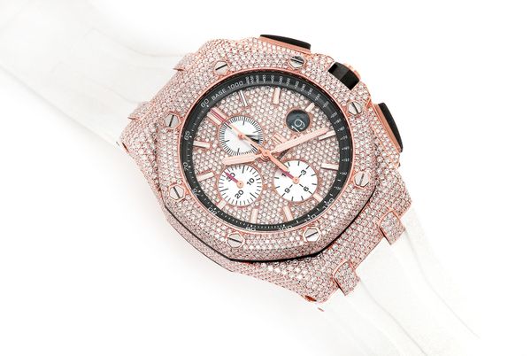 Audemars Piguet Royal Oak Offshore 44MM Rose Gold - Fully Iced Out White Rubber Strap