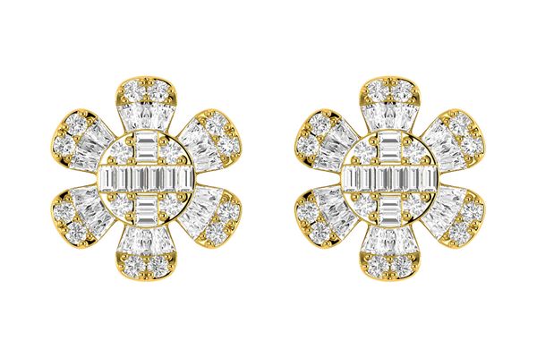 Floral Baguette & Round Diamond Stud Earrings 14k Solid Gold 0.50ctw