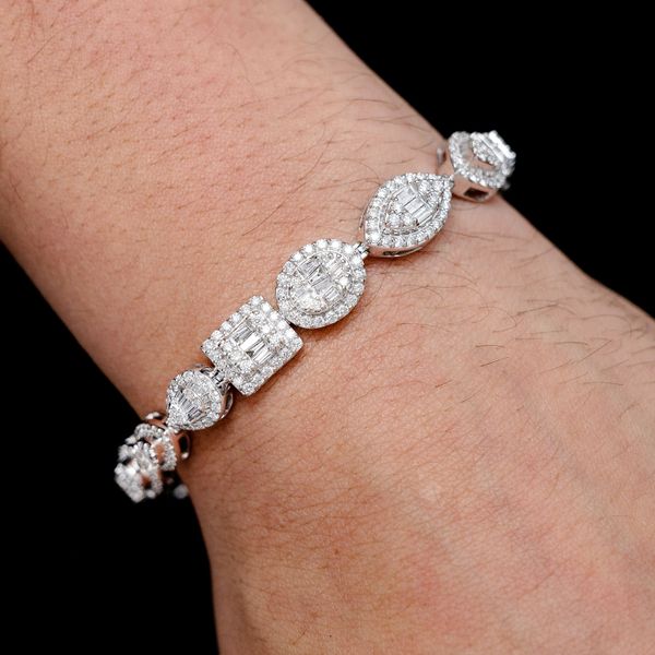 Baguette And Round Multi Shape Link Diamond Bracelet 14k Solid Gold 5.00ctw