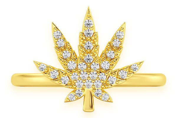 Cannabis Leaf Diamond Ring 14k Solid Gold 0.15ctw