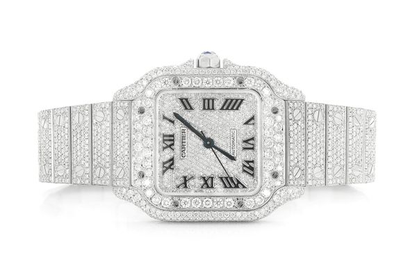 Cartier Santos 100 35MM Steel 14.25ctw - Fully Iced Out