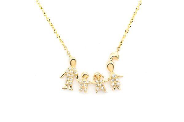 Family Of Four Diamond Necklace 14k Solid Gold 0.10ctw