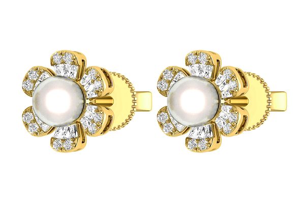 Pearl Diamond Daisy Stud Earrings 14k Solid Gold 0.30ctw