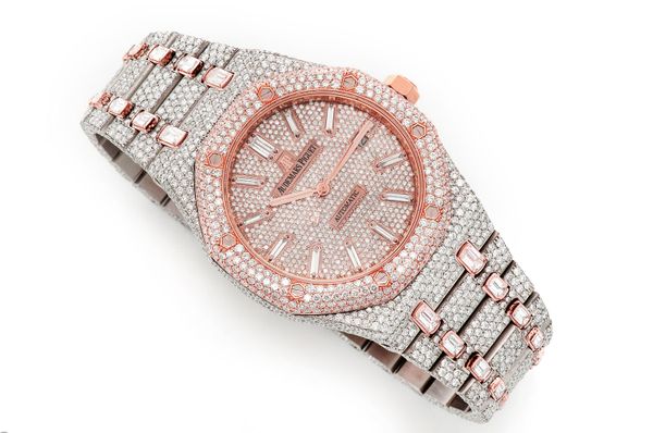  Audemars Piguet Royal Oak 18k Rose Gold & Steel - 36.75ctw Fully Iced Out Emeralds & Baguettes