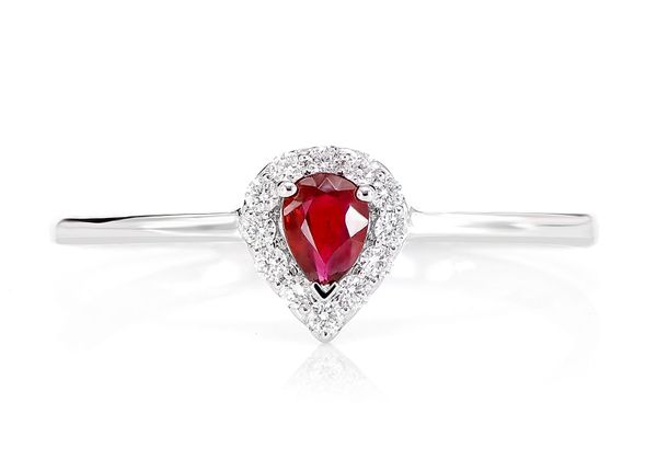 Pear Shape Ruby And Diamond Halo Engagement Ring - All Natural - 14k Solid Gold - 0.08ctw 