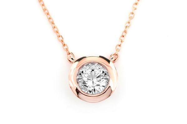 Solitaire Round Bezel Pendant Necklace Attached 14k Solid Gold 0.40ct