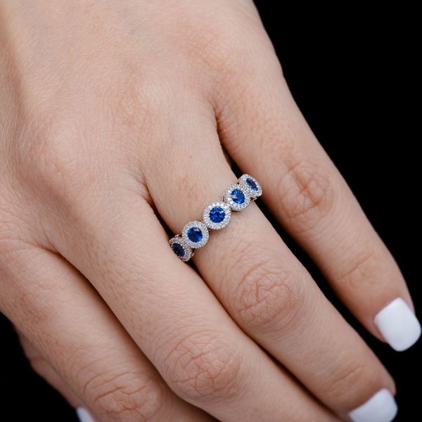 Five Stone Sapphire And Diamond Halo Band Ring 14k Solid Gold 0.75ctw