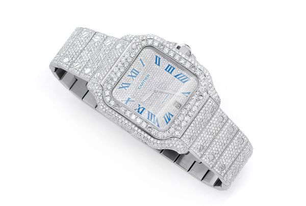 Cartier Santos De Cartier Steel 40MM (4072) - 20.50ctw Fully Iced Out - Custom Blue Enamel Pave Dial