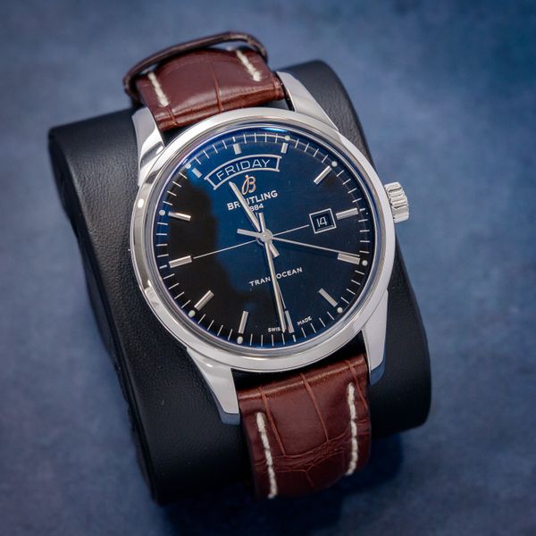 Breitling Transocean 43MM (A45310) - Day & Date - Steel - Black Dial Brown Leather Strap - Original Digi Card & Watch