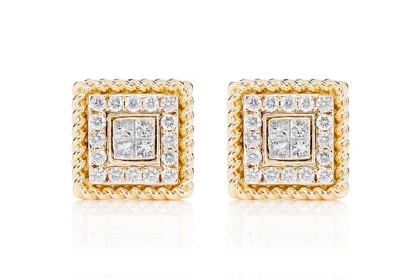 Quad Center Diamond Halo Rope Border Stud Earrings 14k Solid Gold 0.50ctw 