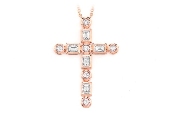 Baguette And Round Diamond Cross Pendant Necklace Attached  14k Solid Gold 0.75ctw