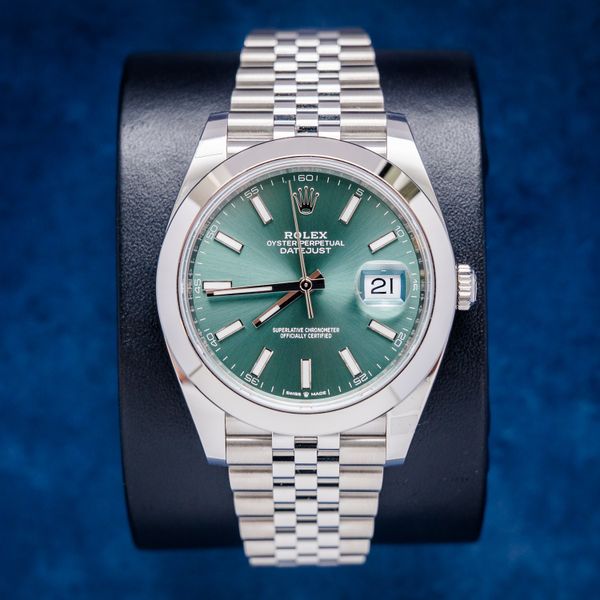 Sold - Rolex Datejust 41MM (126300) - Steel - Green Index - Jubilee Brac - 2025 Card+WT & Box (sw519)