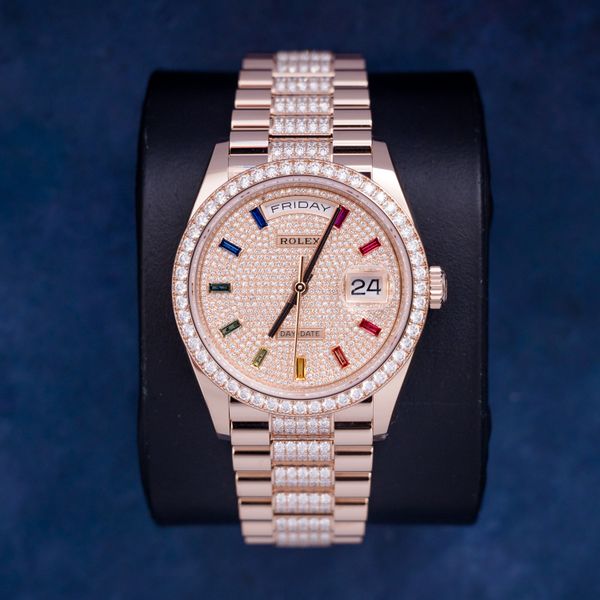 Sold - Rolex Day Date 36MM Rose Gold (128345rbr) - Rainbow Pave Diamond Dial - Pave Middle Row - (sw285)