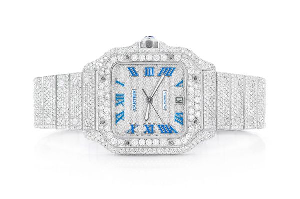 Cartier Santos De Cartier Steel 40MM (4072) - 20.50ctw Fully Iced Out - Custom Blue Enamel Pave Dial