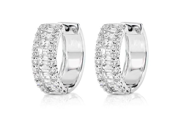 Baguette And Round Border Diamond Hoop Earrings 14k Solid Gold 