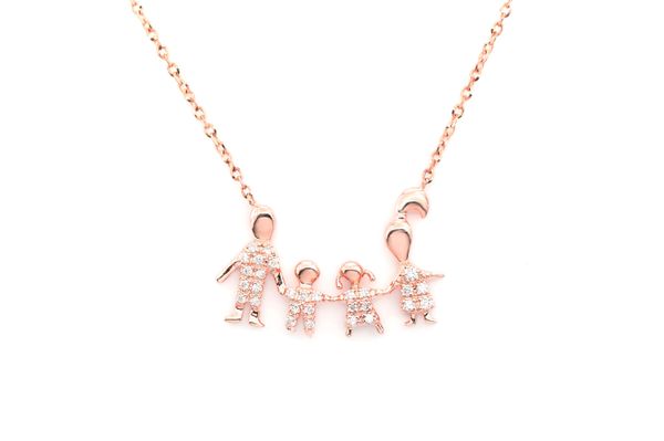 Family Of Four Diamond Necklace 14k Solid Gold 0.10ctw