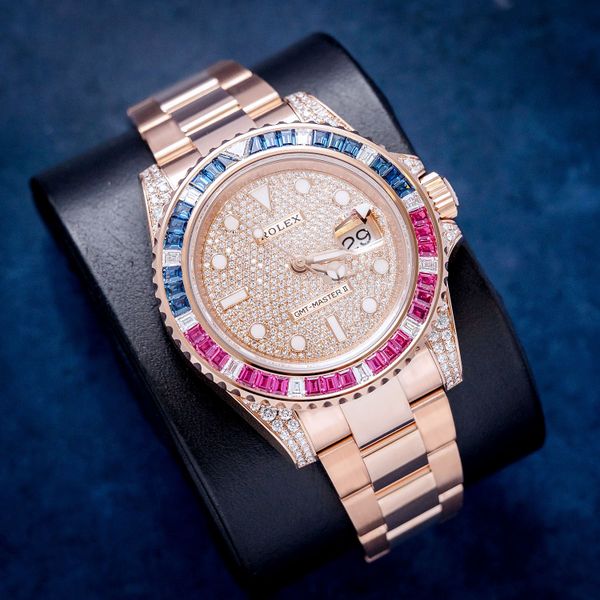 Rolex GMT Master II 40MM (126755SARU) Rose Gold - Gem Set - Pave Dial, Ruby, Sapphire Bezel 2021 Card+WT & Box
